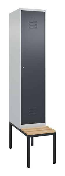 C+P Umkleidespind Classic PLUS, mit untergebauter Sitzbank, 2120x400x815mm, 7035/7016, Zylinderschloss, Buche-Sitzleisten, 0800507-12 S10052