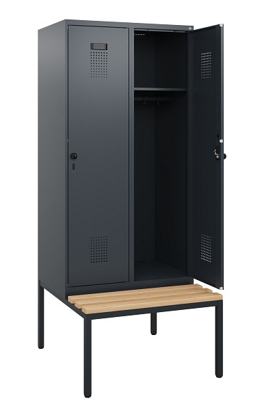 C+P Spind Evolo PLUS, 2 Abteile, 1950x800x815mm, 7016/7016, Drehriegel, Sitzfläche Buche-Hartholz, Sitzbank, 0490505-22 S10016