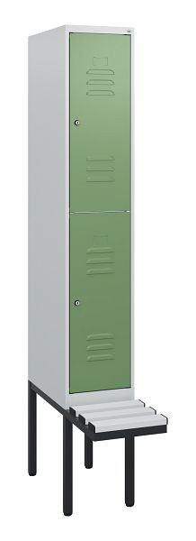 C+P Doppelstöckiger Spind Classic PLUS, 1950x300x815mm, 7035/6011, Zylinderschlösser, mit Untergestell und schwebender Sitzfläche, 0803405-10 S10081