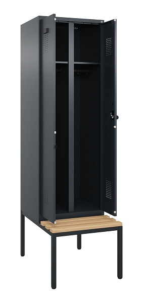 C+P Schwarz-Weiß-Spind Evolo PLUS, Bank, 2 Abteile, 2120x600x815mm, 7016/7016, Drehriegel, Sitzfläche Buche-Hartholz, Sitzbank, 0490527-20 S10016