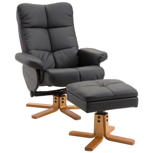 HOMCOM Relaxsessel mit Hocker, 145° neigbare Rückenlehne, 360° drehbar, Kunstleder, Schwarz, 833-359BK