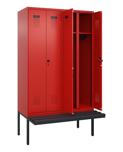 C+P Schwarz-Weiß-Spind Evolo PLUS, Bank, 4 Abteile, 2120x1200x815mm, 3020/3020, Drehriegel, Material Sitzfläche Kunststoff, 0490427-40 S10079