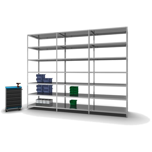 hofe Fachboden-Grundregal, 3000x800x1300 mm, 7 Fachebenen, verzinkt, 200 kg Fachlast, 1400 kg Feldlast, zweiseitige Bedienung, WZG30813M