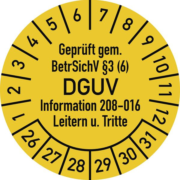 Moedel Prüfplakette Geprüft...BetrSichV...DGUV, 2026-2031, Folie, Ø 20 mm, VE: 10 Stück/Bogen, 107177