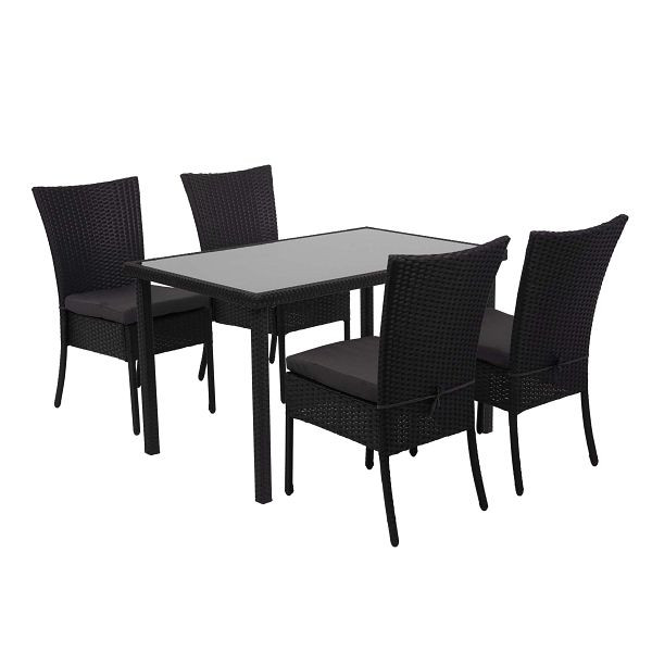 Mendler Poly-Rattan Garnitur HWC-G19, Sitzgruppe Balkon-/Lounge-Set, 4xStuhl+Tisch, 120x75cm, schwarz, Kissen dunkelgrau, 2x70950+70951