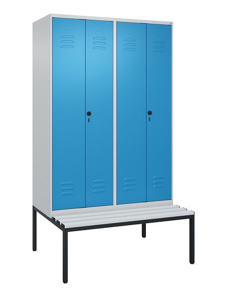 C+P Umkleidespind Classic PLUS SW, 4 Abteile, 2120x1200x815mm, 7035/5012, Drehriegel, mit untergebauter Sitzbank, 0800527-40 S10034