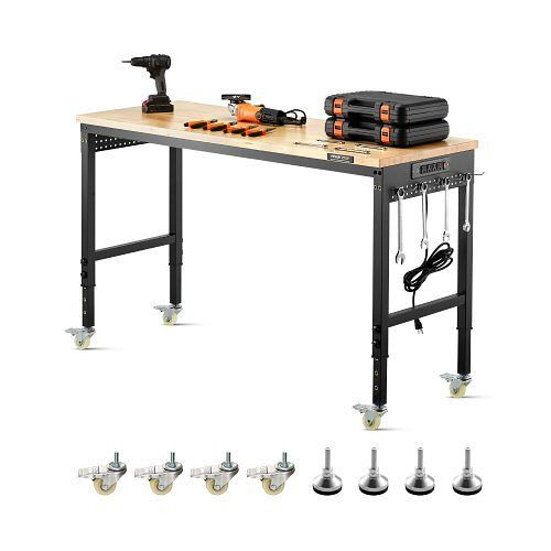 VEVOR Werkbank 1524x559x711-1030mm, 907 kg Tragkraft, mit Steckdose, Rädern, Stecktafel, Eichenholzplatte, LDSGZTD25CL63LK52001V2