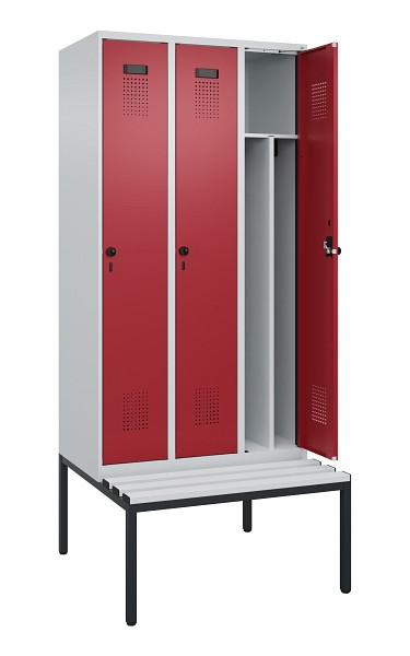 C+P Spind Evolo PLUS, 3 Abteile, 2120x900x815mm, 7035/3003, Haken 4, Drehriegel, Sitzfläche Kunststoff, Sitzbank, 0490507-30F S10058