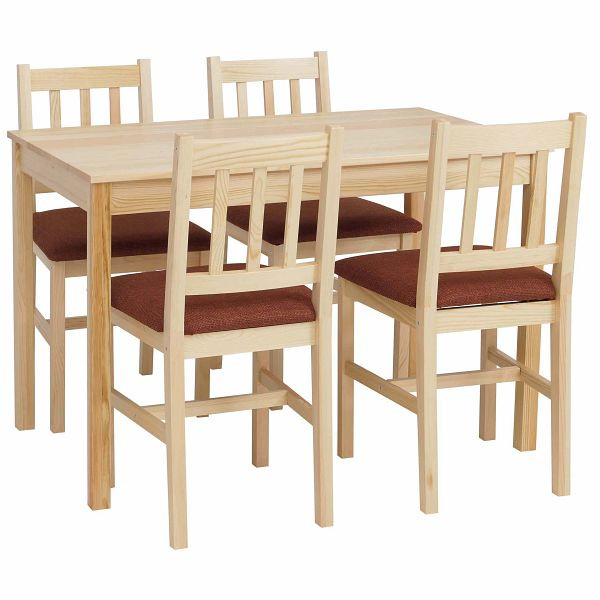 Mendler Esszimmer-Set HWC-F77, Sitzgruppe Esszimmergruppe, Massiv-Holz Kiefer Stoff Landhaus 110cm, natur Polster terrakotta, 118621