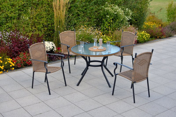 Merxx Roma Set 5-teilig, 4 Stapelsessel, 1 Tisch Ø 100 cm, Glasplatte mit Geflechtrand, Graphit/Natur, Alumiuniumgestell mit Kunststoffgeflecht, 50737-211