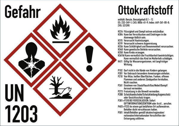 Moedel Gefahrstoffkennzeichnung Ottokraftstoff nach GHS, Folie, 105x74 mm, Idx 2019, 102809