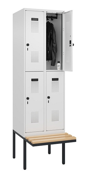 C+P Doppelstock-Spind Evolo PLUS, Bank, 4 Fächer, 2120x600x815mm, 9016/9016, Drehriegel, Sitzfläche Buche-Hartholz, 0493407-20 S10020