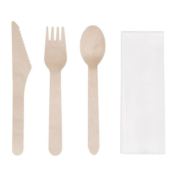 Fiesta Compostable Holzbesteck-Set (250-teilig), Gabel, Messer, Löffel & Serviette, DF422
