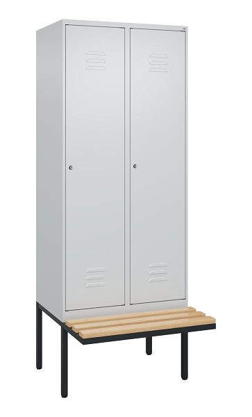C+P Umkleidespind Classic PLUS, 2 Abteile, 2120x800x815mm, 7035/7035, Zylinderschlösser, Buche-Sitzleisten, je 2 Doppel-Haken, 0800407-22F S10053