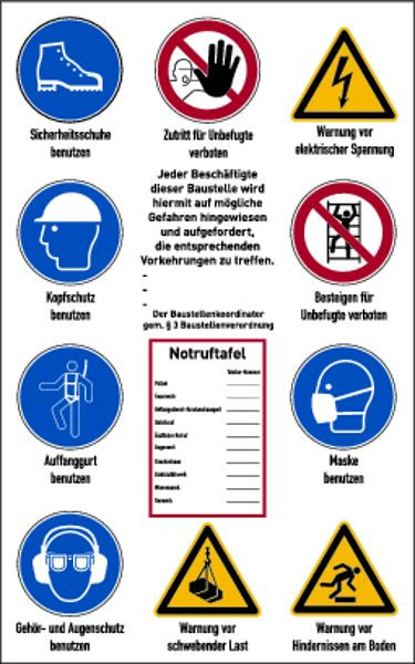 Schilder Klar Baustellensicherheitsschild Notruftafel angelehnt an die DIN EN ISO 7010, 400x600x2 mm Aluverbund, 1188/55