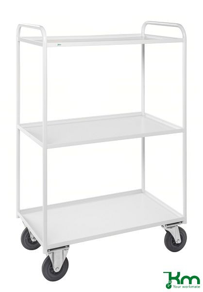 Kongamek Etagenwagen mit 3 Böden, vollständig geschweißt, 955 x 550 x 1490 mm, Weiß, 2 Bockrollen 2 Lenkrollen mit Bremse, KM4149B