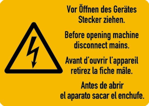 Schilder Klar Maschinenkennzeichnung Vor Öffnen des Gerätes Stecker ziehen (4-sprachig), 52x37 mm Folie selbstklebend, 7545/61