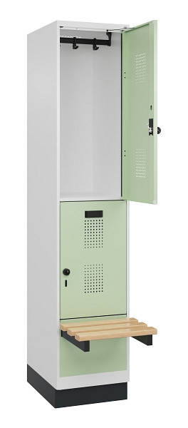 C+P Doppelstock-Spind Evolo PLUS, Bank, 2 Fächer, 1950x400x815mm, 9016/6019, Drehriegel, Sitzfläche Buche-Hartholz, mit Sockel, 049340-12 S10019