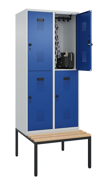 C+P Doppelstock-Spind Evolo PLUS, Bank, 4 Fächer, 2120x800x815mm, 7035/5010, Drehriegel, Sitzfläche Buche-Hartholz, Sitzbank, 0493507-22 S10006