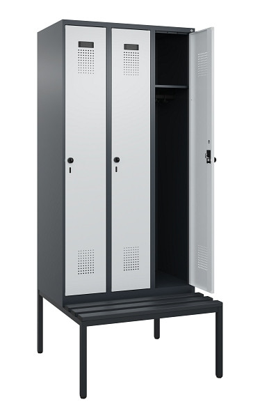 C+P Spind Evolo PLUS, 3 Abteile, 2120x900x815mm, 7016/7035, Haken 3, Drehriegel, Sitzfläche Kunststoff, Sitzbank, 0490507-30 S10071