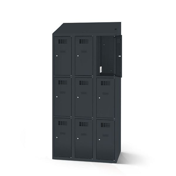 Rotstahl Fächerschrank, 9 Fächer, kurzer Sockel, mit Ladefunktion, Schrägdach, Korpus: anthrazitgrau, Türen: anthrazitgrau, 2180-030300-1201112-7016-7016