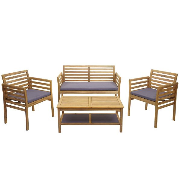 Mendler Gartengarnitur HWC-E99b, Sitzgruppe Balkon-Set Lounge-Set, Akazienholz massiv MVG, Kissen dunkelgrau, 76219+76220+76221