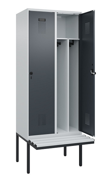 C+P Spind Evolo PLUS, 2 Abteile, 2120x800x815mm, 7035/7016, Haken 4, Drehriegel, Sitzfläche Kunststoff, Trennwand, 0490407-22F S10066