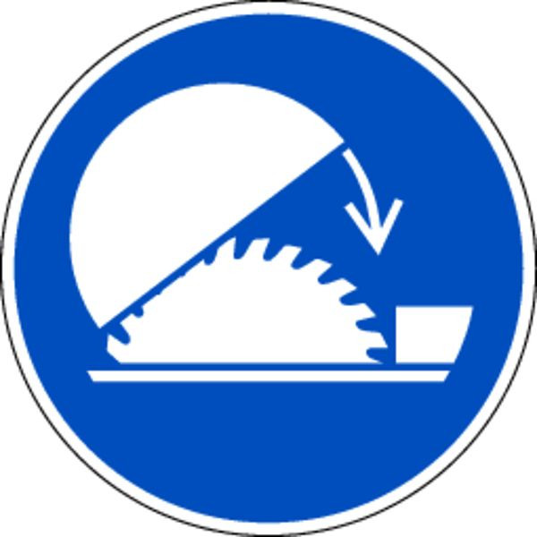 Schilder Klar Gebotszeichen Schutzhaube der Tischkreissäge benutzen DIN EN ISO 7010, M031, 100 mm Folie selbstklebend, 1433/61