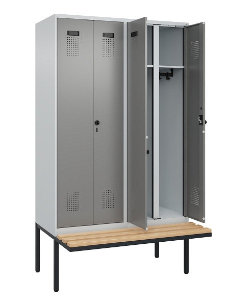 C+P Schwarz-Weiß-Spind Evolo PLUS, Bank, 4 Abteile, 2120x1200x815mm, 7035/0004, Drehriegel, Sitzfläche Holz, 0490427-40 S10014