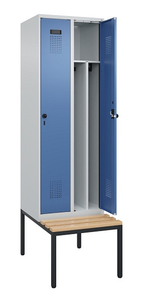 C+P Spind Evolo PLUS, 2 Abteile, 2120x600x815mm, 7035/5023, Drehriegel, Sitzfläche Buche-Hartholz, Sitzbank, 0490507-20F S10008