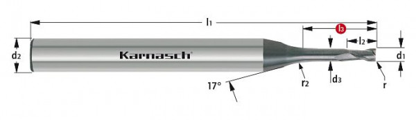 Karnasch VHM-Micro Schaftfräser mit Eckenradius d= 3,00 / r= 0,30 / d2= 6 / L3= 18,0 mm DCC 0318 - Graphit/Zirkonium, 306546030003018