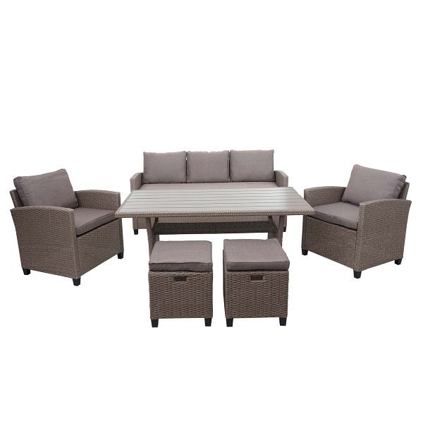 Mendler Poly-Rattan Garnitur HWC-E95, Garten-/Lounge-Set Sitzgruppe, Spun Poly halbrundes Rattan, grau-braun, Kissen grau, 69076+69077+69078