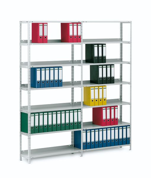 hofe Akten-Grundregal, 800x300x750 mm, 3 Fachebenen, für 18 Ordner, RAL 7035, 60 kg Fachlast, 300 kg Feldlast, einseitige Bedienung, WKG08307ED