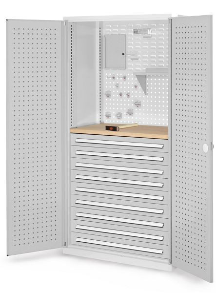 Kappes RasterPlan Schubladenschrank, Modell 17, RAL 7035, Türinnenseite: Lochplatten, 1950 x 1000 x 600 mm, 9 Schubladen H 100 mm, 1460.07.3013