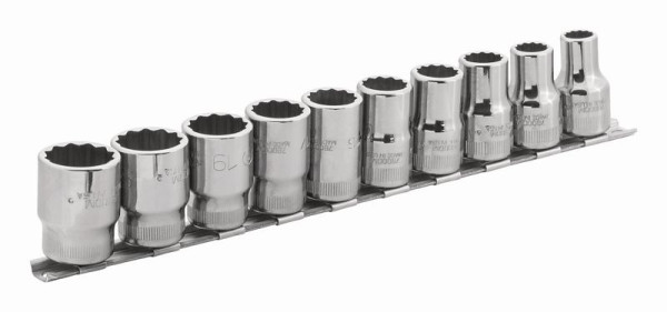 Bahco 1/2" Satz Steckschlüssel-Einsätze auf Klemmleiste, mit Vierkantantrieb, Zwölfkant, metrisch, 10-teilig, 7810MB