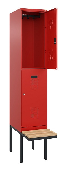 C+P Doppelstock-Spind Evolo PLUS, Bank, 2 Fächer, 2120x400x815mm, 3020/3020, Zylinderschloss, Sitzfläche Buche-Hartholz, 0493407-12 S10052