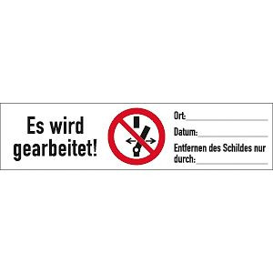 Moedel Es wird gearbeitet!Schalten verb.!ISO 7010, Kombischild, Folie, 105x26mm, VE: 10 Stück/Bogen, 58092