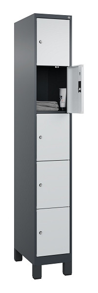 C+P Schließfachschrank Evolo PLUS, mit Füßen, 5 Fächer, 1950x300x500mm, 7016/70, Frontfarbe RAL 7035 Lichtgrau, 049010-105 S10017