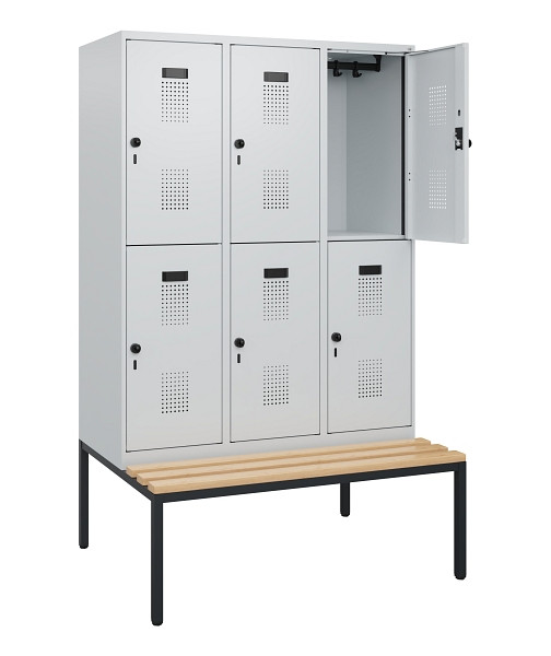 C+P Doppelstöckiger Spind Evolo PLUS, Bank, 6 Fächer, 1950x1200x815mm, 7035/7035, Drehriegel, Sitzfläche Buche-Hartholz, Sitzbank, 0493505-32 S10013