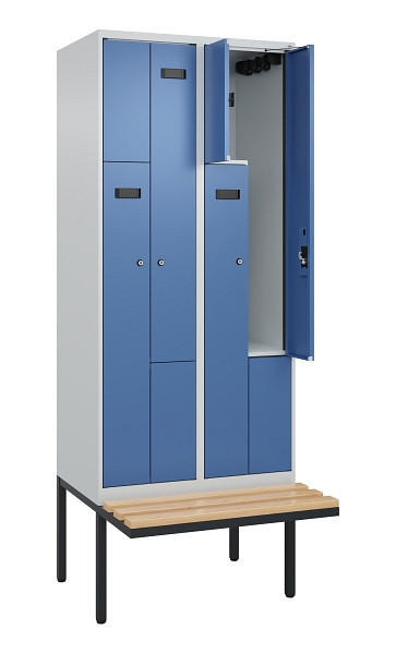 C+P Z-Spind Evolo PLUS, Bank, 4 Fächer, 2120x800x815mm, 7035/5023, Zylinderschloss, Sitzfläche Holz, 0490437-224 S10042