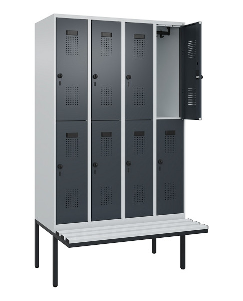 C+P Doppelstock-Spind Evolo PLUS, Bank, 8 Fächer, 2120x1200x815mm, 7035/7016, Drehriegel, Sitzfläche Kunststoff, 0493407-40 S10093