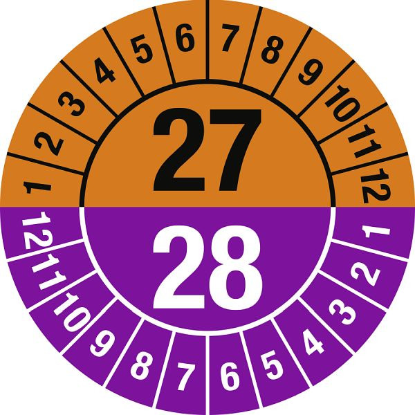 Moedel Prüfplakette 2027 - 2028 mit Monaten, Dokumentenfolie, Ø 30 mm, VE: 10 Stück/Bogen, 108214