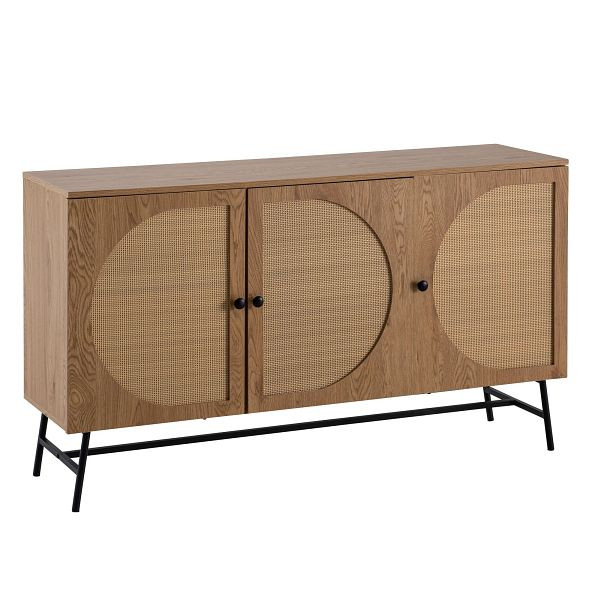 Wohnling Sideboard 140x80x39cm Kommode Eiche-Dekor mit Rattan Geflecht, Standschrank mit 3 Türen, Anrichte Wohnzimmer, WL6.892
