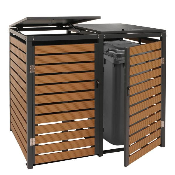 Mendler 2er Mülltonnenverkleidung HWC-K14, Mülltonnenbox Mülltonnenabdeckung, 119x134x84cm WPC Metall 78kg, Teak-Optik, 87653+87652