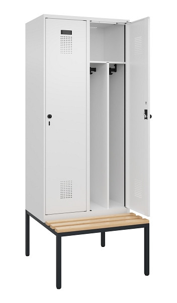 C+P Spind Evolo PLUS, 2 Abteile, 2120x800x815mm, 9016/9016, Haken 4, Drehriegel, Sitzfläche Buche-Hartholz, Sitzbank, Trennwand, 0490507-22F S10020