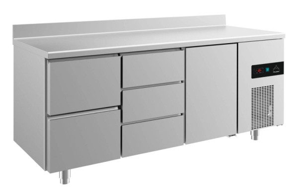 A&S Polarny Kühltisch -2 bis +8°C mit Tür, zwei Schubladen links und drei Schubladen mittig-links, 1865 x 700 x 850 mm, mit Aufkantung, KT3ZDTA