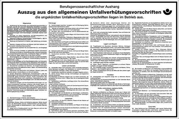 Schilder Klar Aushang Auszug aus der allgemeinen UVV, 450x300x1.5 mm Kunststoff, 833/71