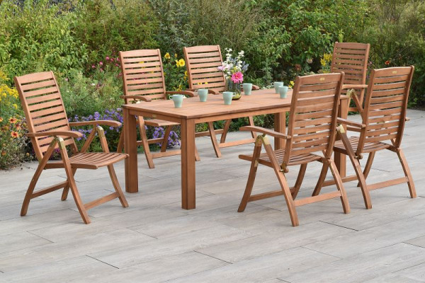 Merxx Paraiba Set 7-teilig, 6 Paraiba Klappsessel, Rückenlehne 5-fach verstellbar, 1 Tisch, 185 x 90 cm, FSC Akazinholz, 50111-011