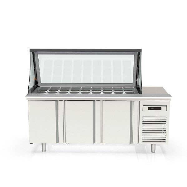 Vaiotec TOPLINE Zubereitungstisch 800 / 3-fach mit Türen, Glasklappdeckel, GN 1/6, EN 60x40, Breite: 2020 mm, 11610
