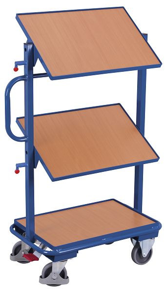 VARIOfit Beistellwagen mit 3 Holzböden, neigbar, Ladefläche: 610 x 410 mm, RAL 5010 enzianblau, sw-400.803